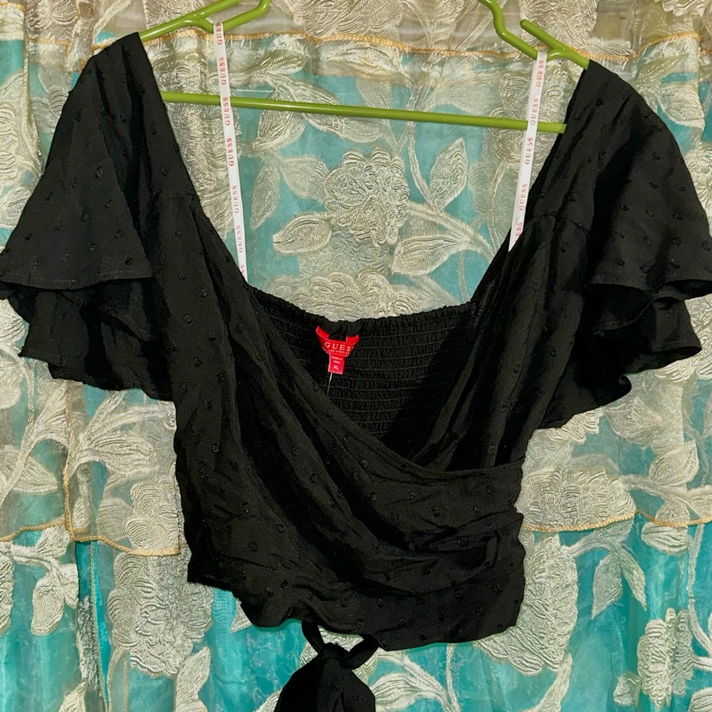 Guess Black Textured Wrap Blouse